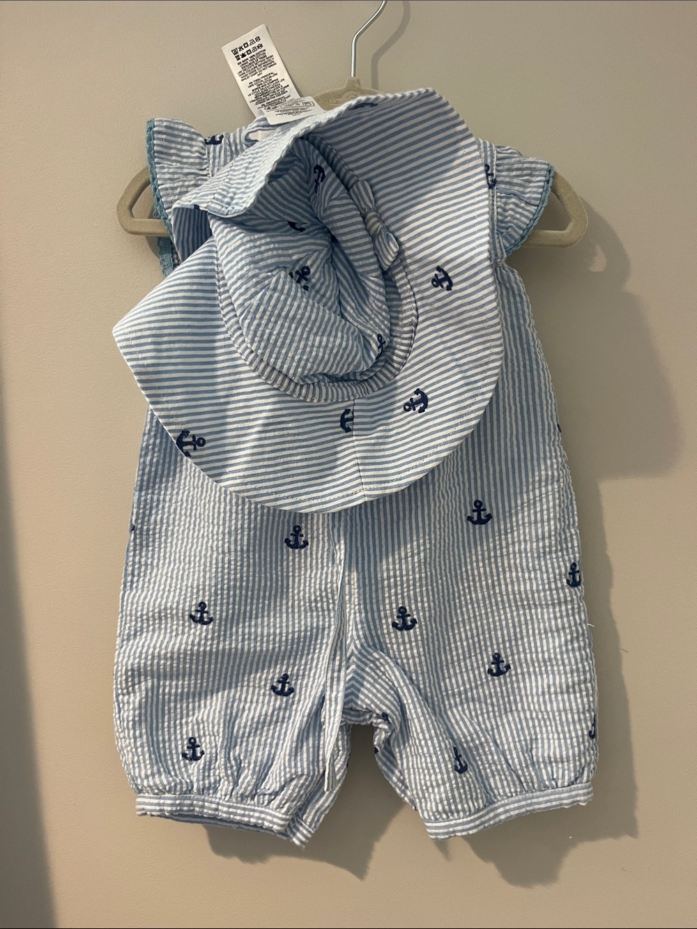 JoJo Maman Bebe Light Blue & White Striped Anchor Romper with Sun Hat